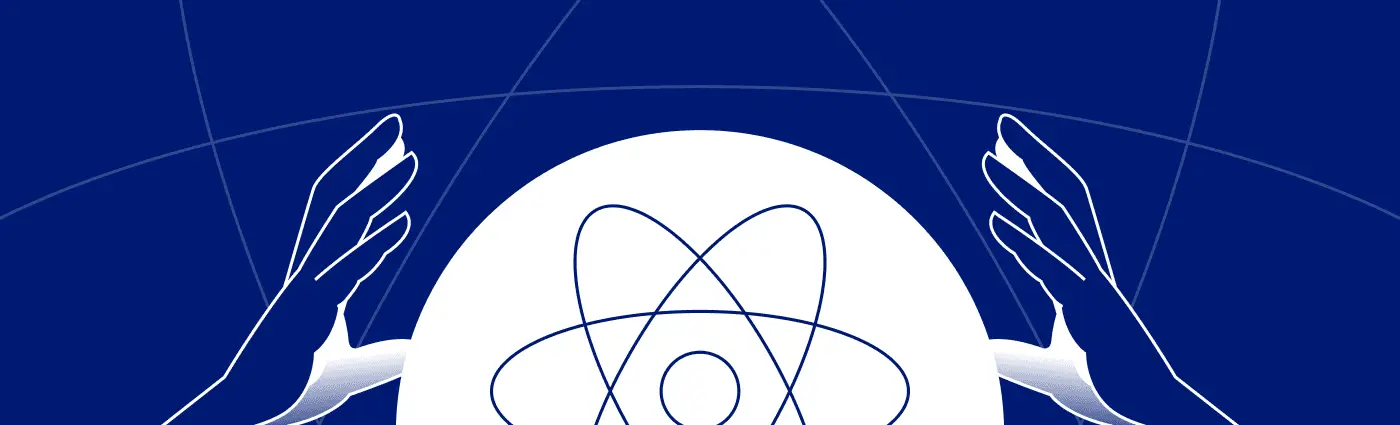 Crystal ball illustration with a React atom and hands