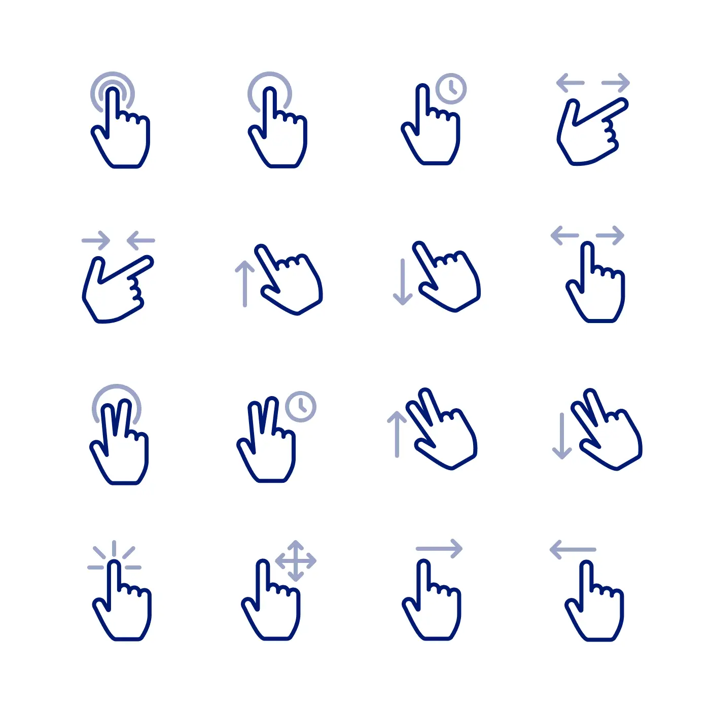 Grid of hand gesture icons for taps, swipes, and long presses